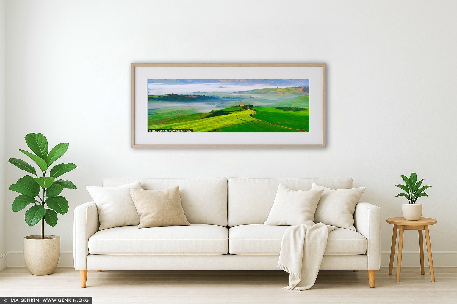 Whispers of Dawn in Val d'Orcia wall art in a minimalist living room interior