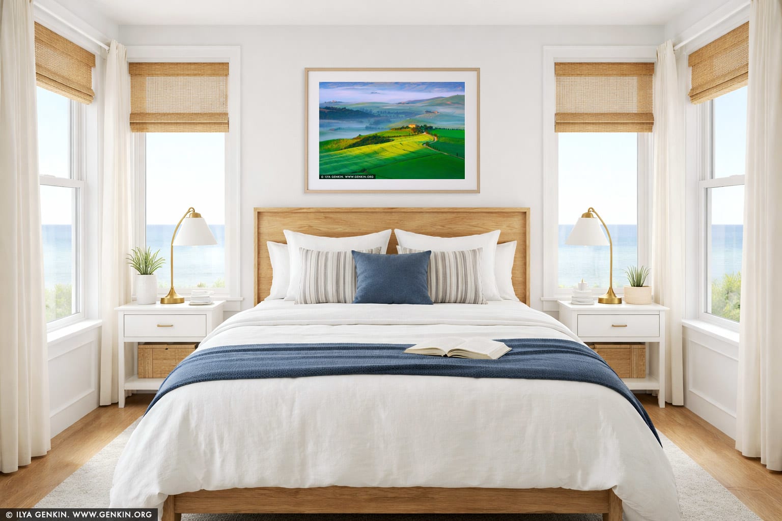 Sun-Kissed Serenity in Val d'Orcia wall art in a bedroom interior