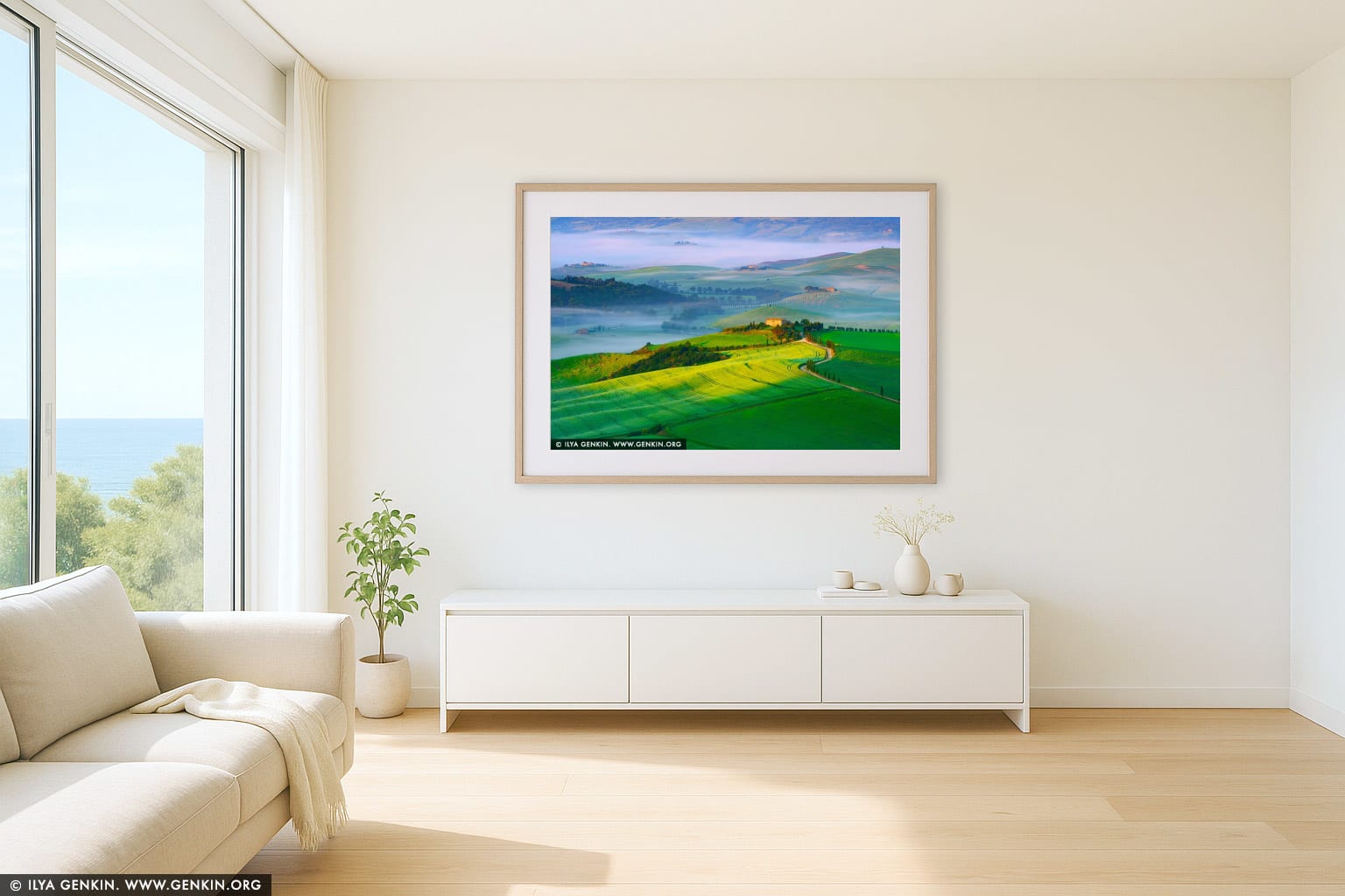 Sun-Kissed Serenity in Val d'Orcia wall art in a modern living room interior