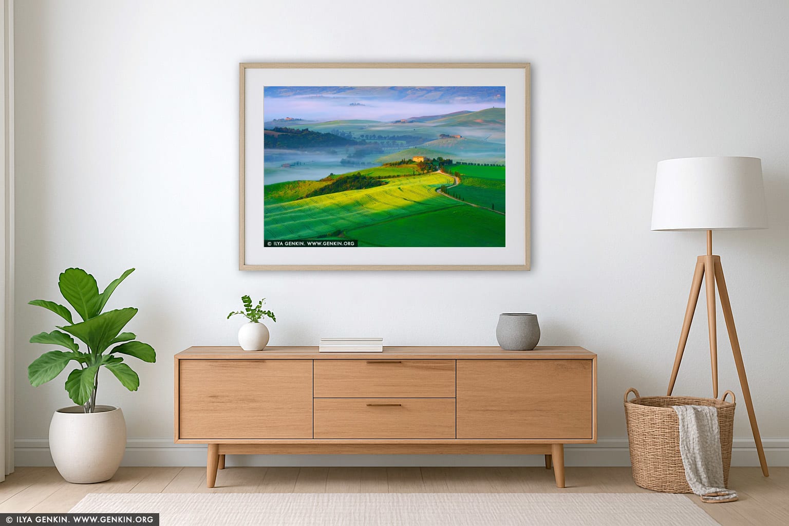 Sun-Kissed Serenity in Val d'Orcia wall art in a contemporary living room interior