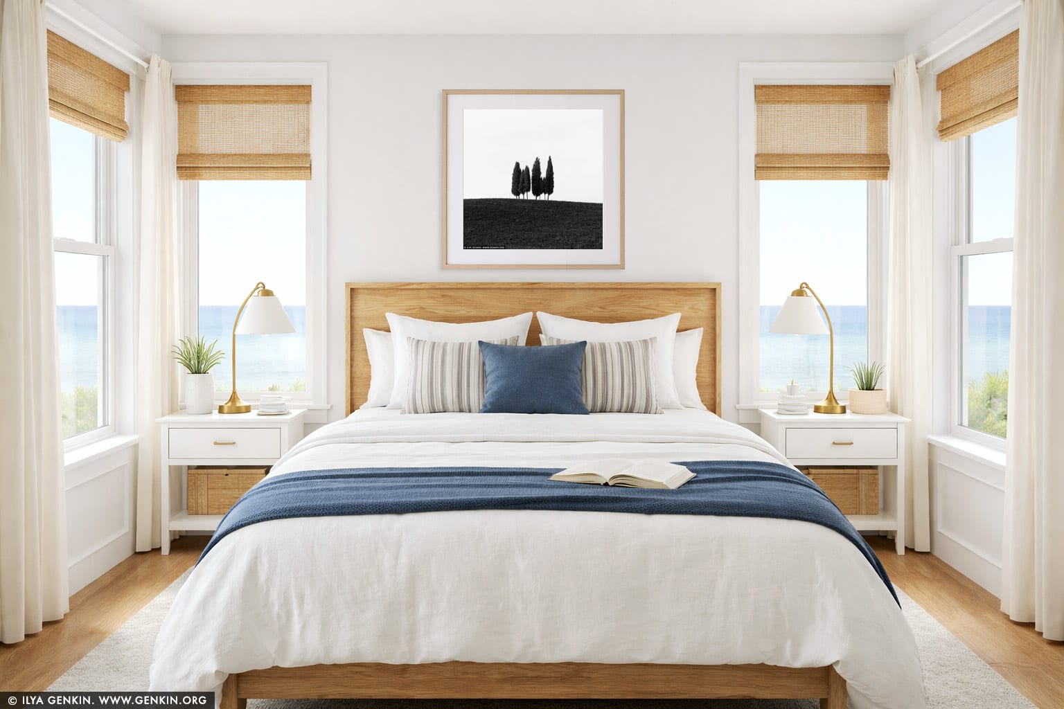 Solitude in Silhouette: Cypress Trees of San Quirico d'Orcia wall art in a bedroom interior
