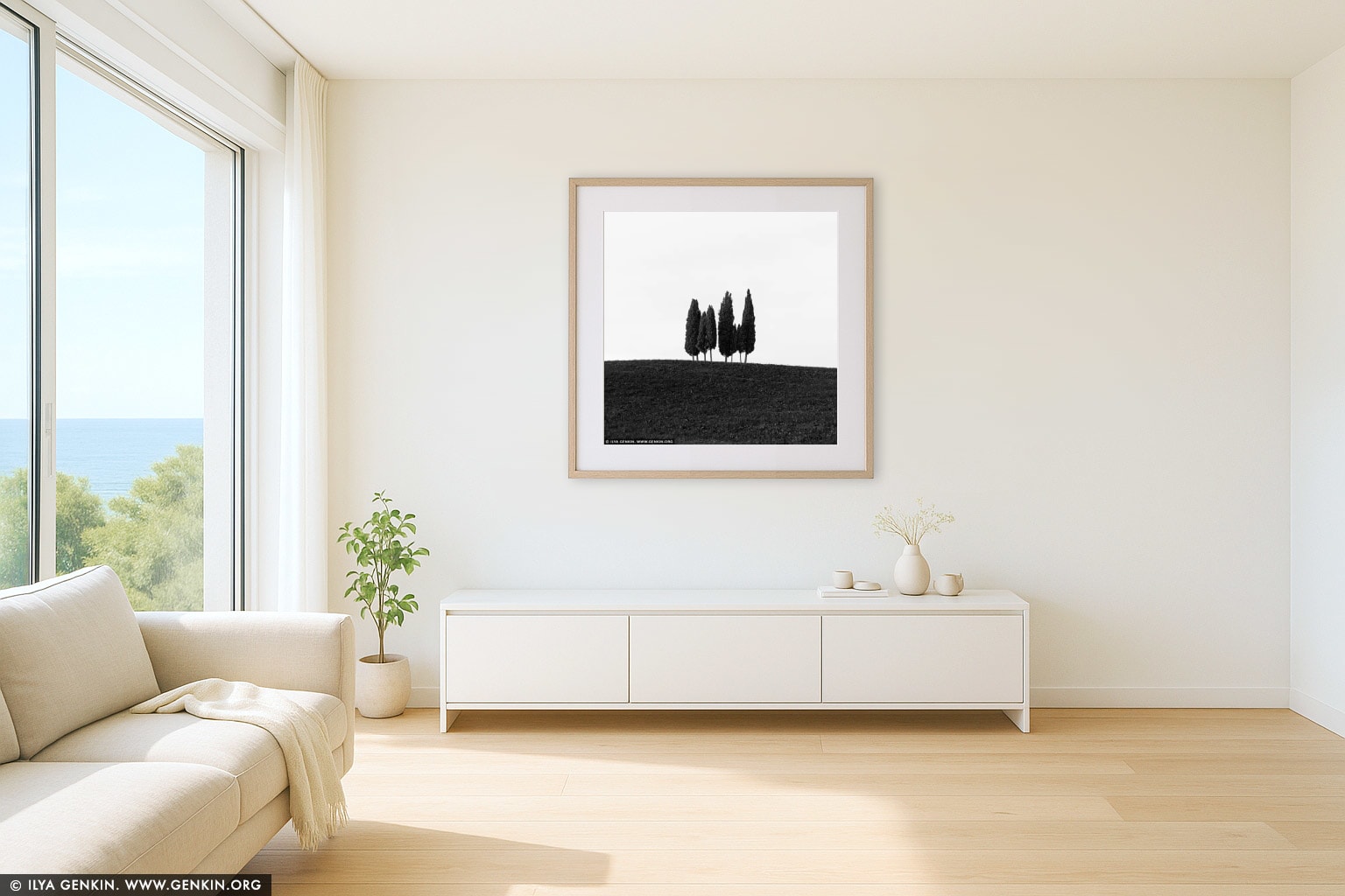 Solitude in Silhouette: Cypress Trees of San Quirico d'Orcia wall art in a contemporary living room interior