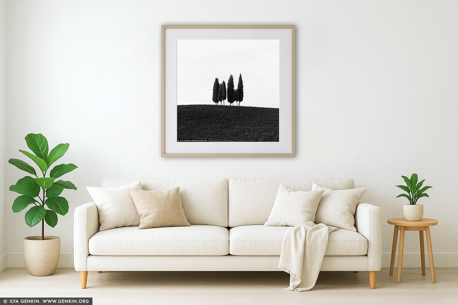 Solitude in Silhouette: Cypress Trees of San Quirico d'Orcia wall art in a modern living room interior