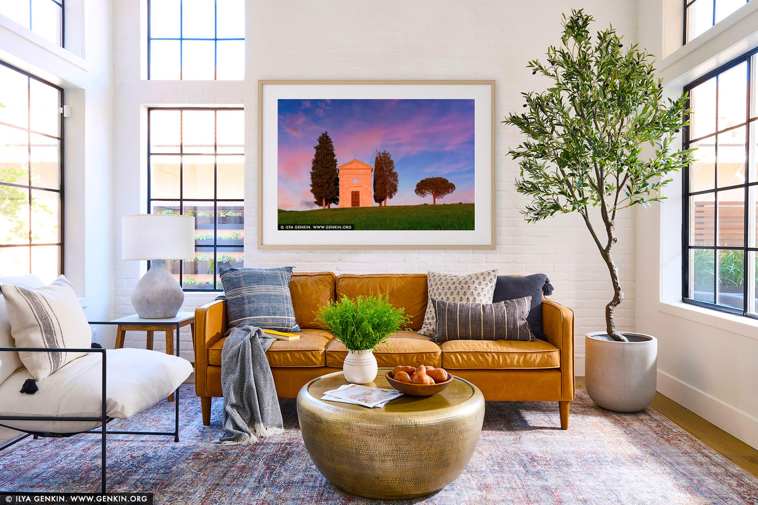 Twilight Grace: Madonna di Vitaleta Chapel at Sunset wall art in a minimalist living room interior