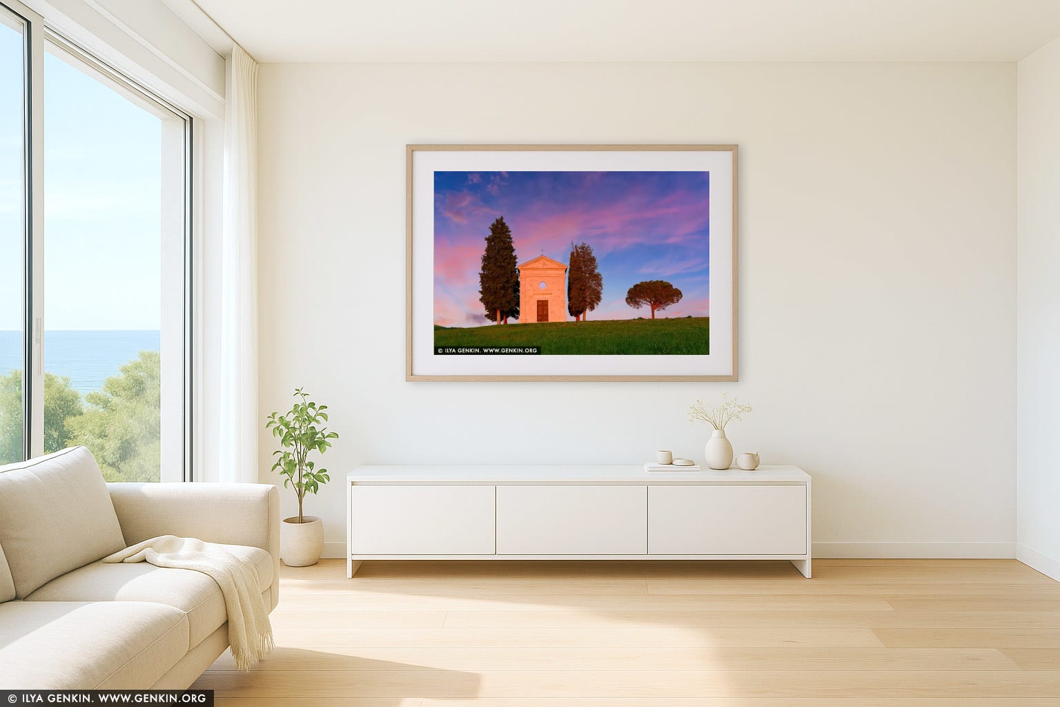 Twilight Grace: Madonna di Vitaleta Chapel at Sunset wall art in a minimalist living room interior