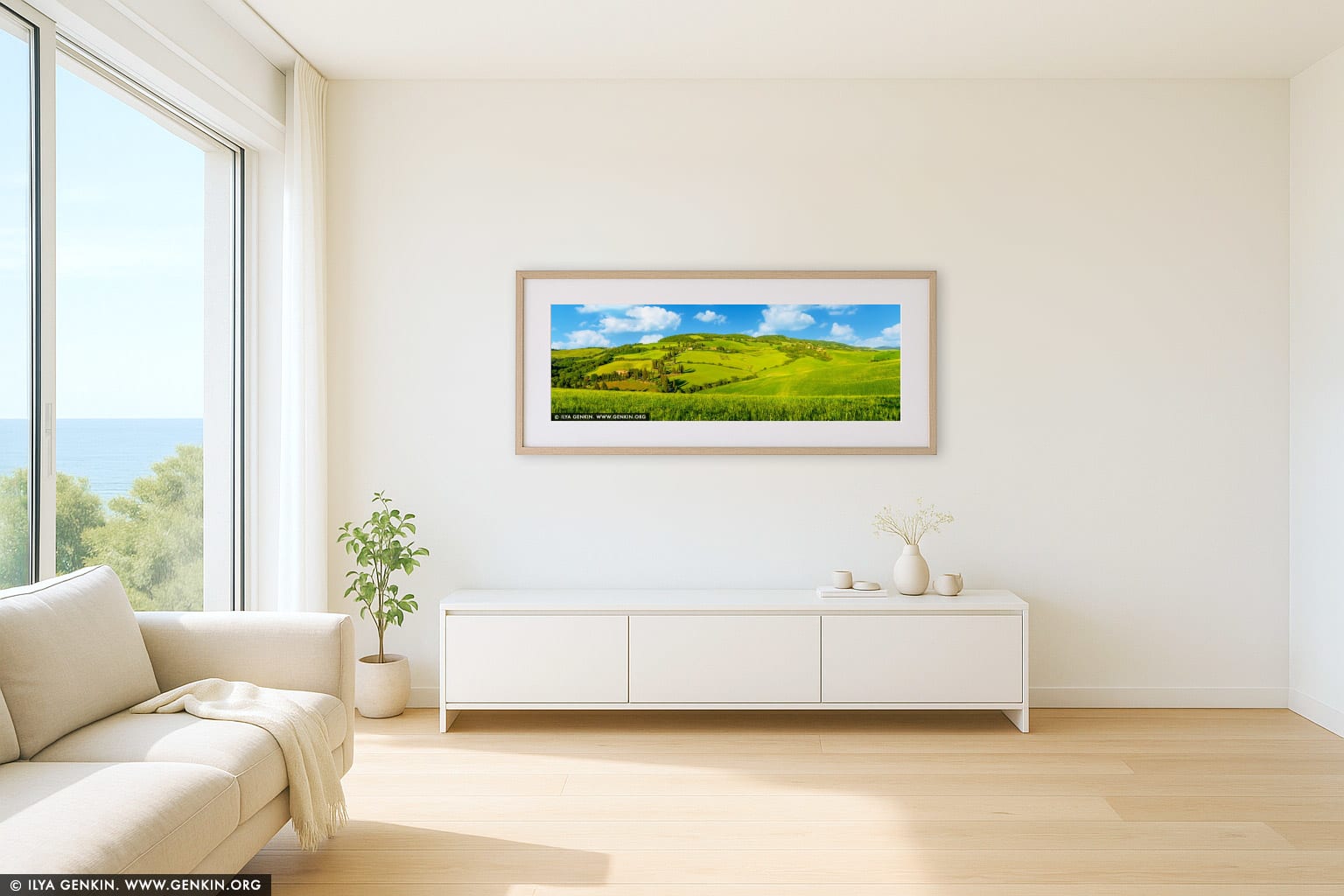 Sunlit Symphony: Cipressi di Monticchiello in Afternoon Light wall art in a luxury living room interior