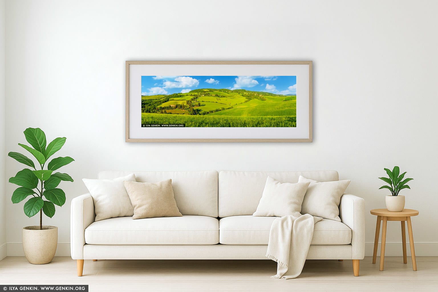 Sunlit Symphony: Cipressi di Monticchiello in Afternoon Light wall art in a minimalist living room interior