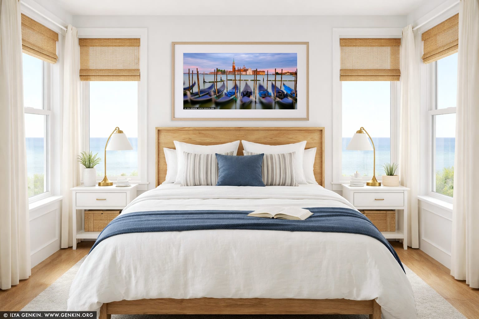 Church of San Giorgio Maggiore and Venetian Gondolas at Sunrise wall art in a bedroom interior
