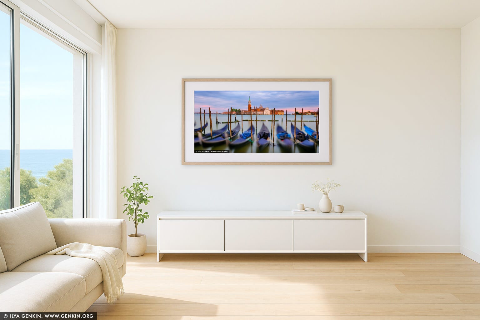 Church of San Giorgio Maggiore and Venetian Gondolas at Sunrise wall art in a modern living room interior