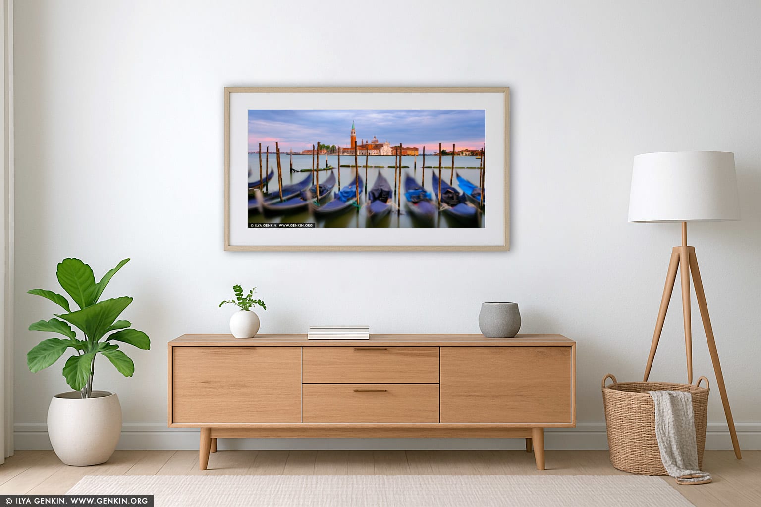 Church of San Giorgio Maggiore and Venetian Gondolas at Sunrise wall art in a contemporary living room interior