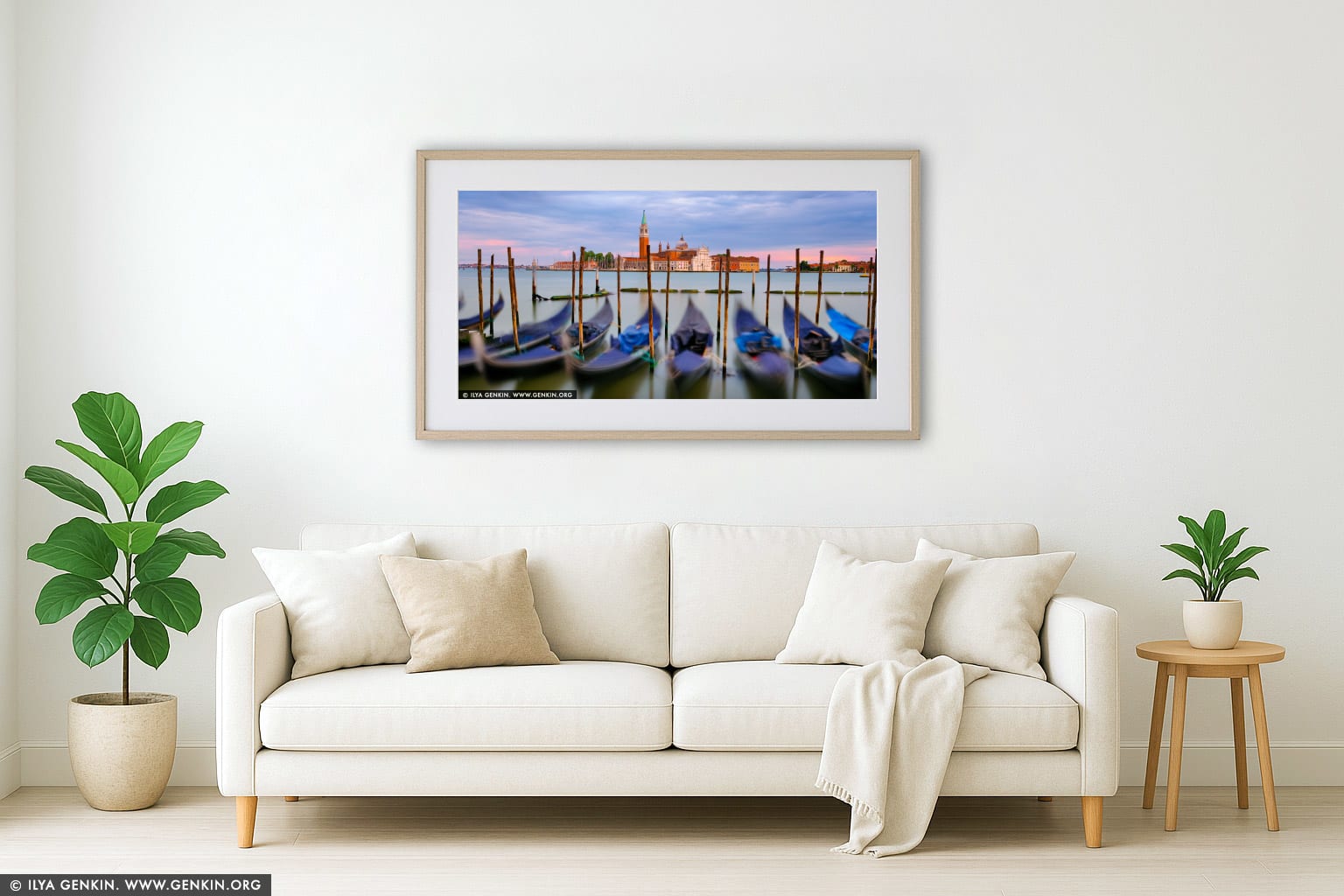 Church of San Giorgio Maggiore and Venetian Gondolas at Sunrise wall art in a luxury living room interior
