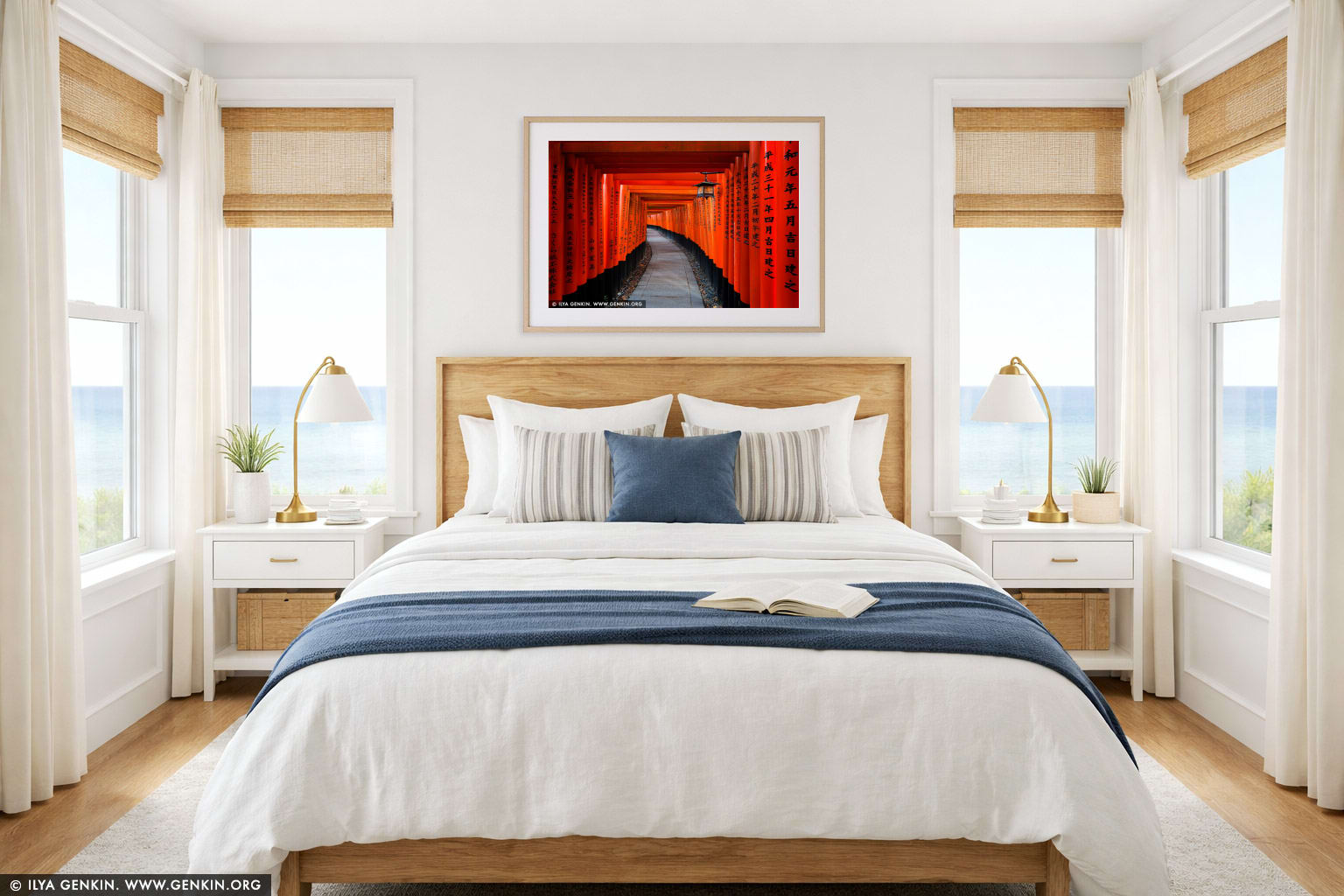 Ten Thousands of Red Torii Gates at Fushimi Inari Shrine wall art in a bedroom interior