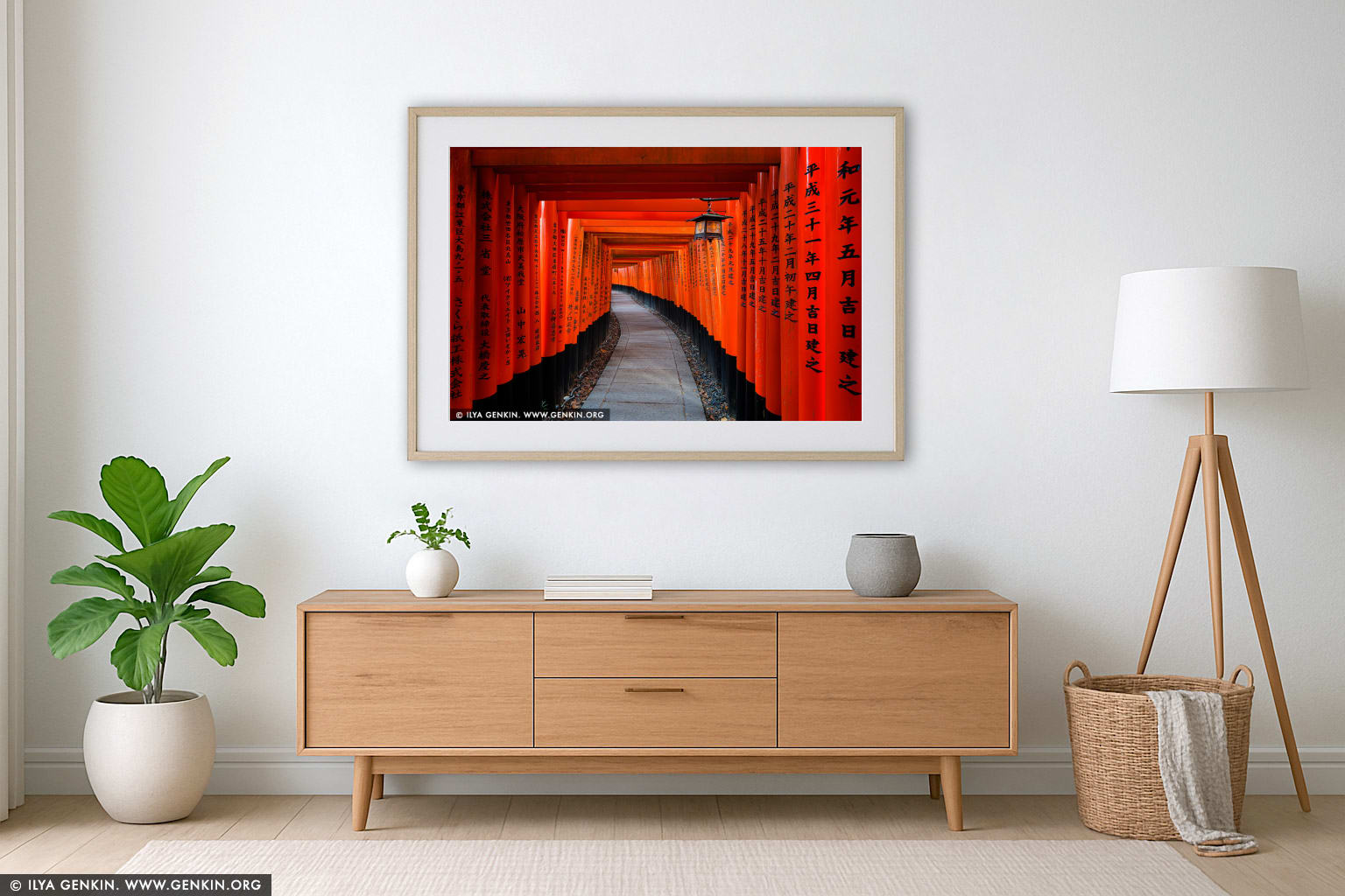 Ten Thousands of Red Torii Gates at Fushimi Inari Shrine wall art in a luxury living room interior