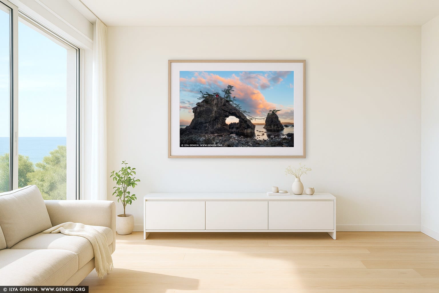 Hatago Iwa #3 (Married Rocks) wall art in a luxury living room interior