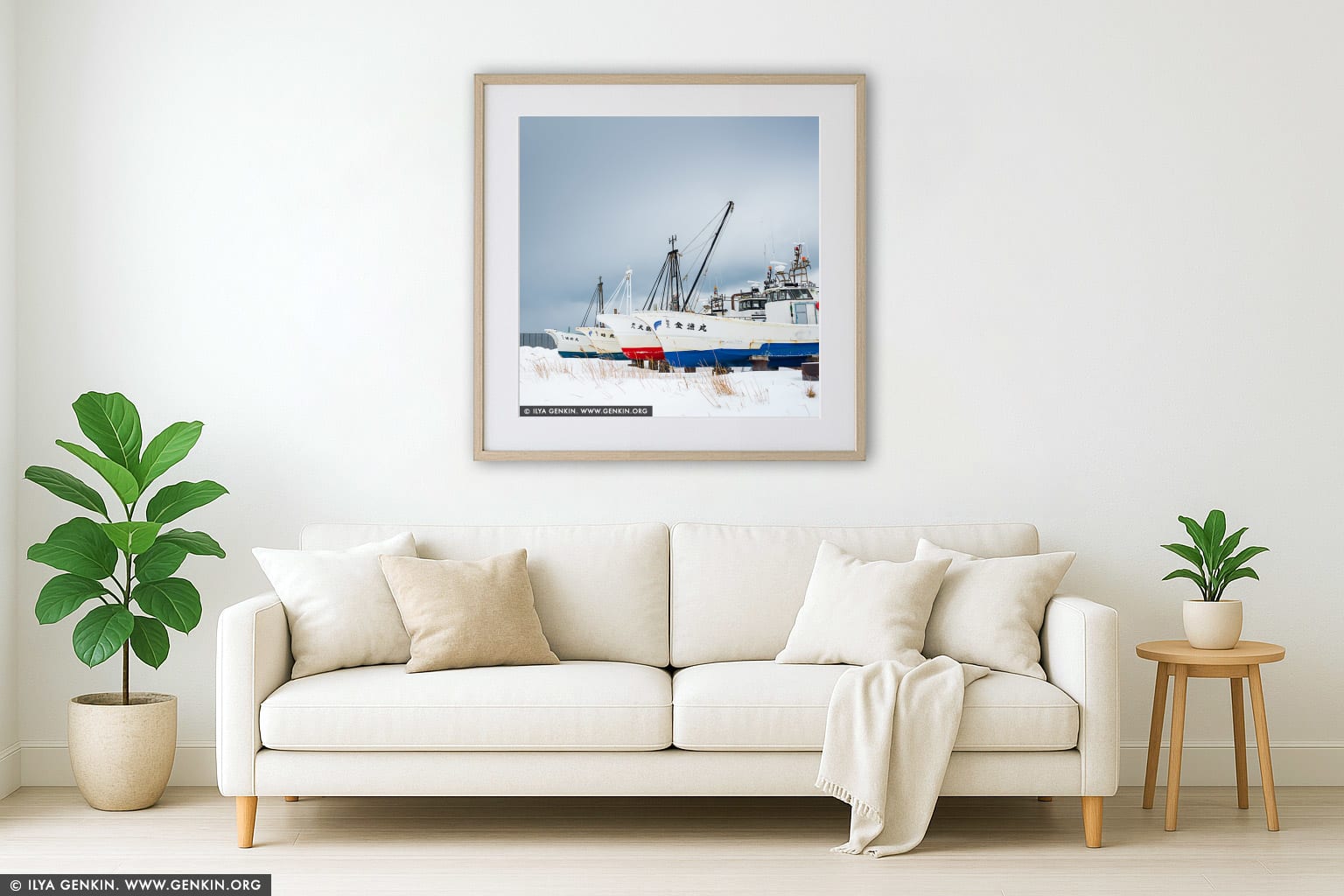 Wakkanai's Fishing Boats in Winter wall art in a contemporary living room interior