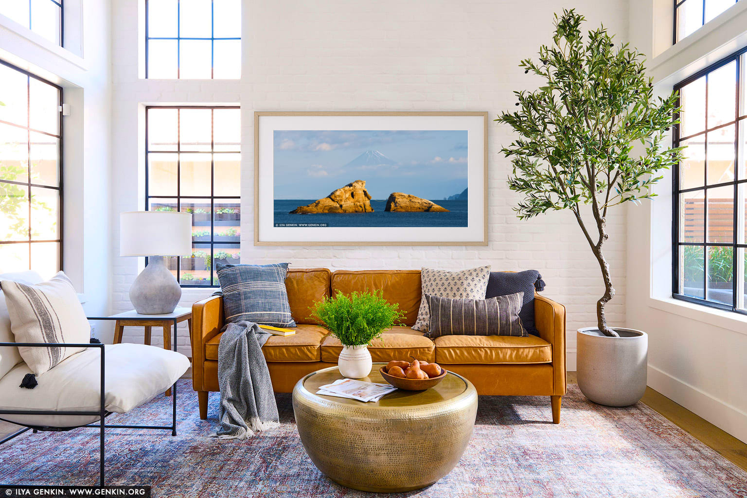 Ushitsukiiwa and Mt. Fuji wall art in a luxury living room interior