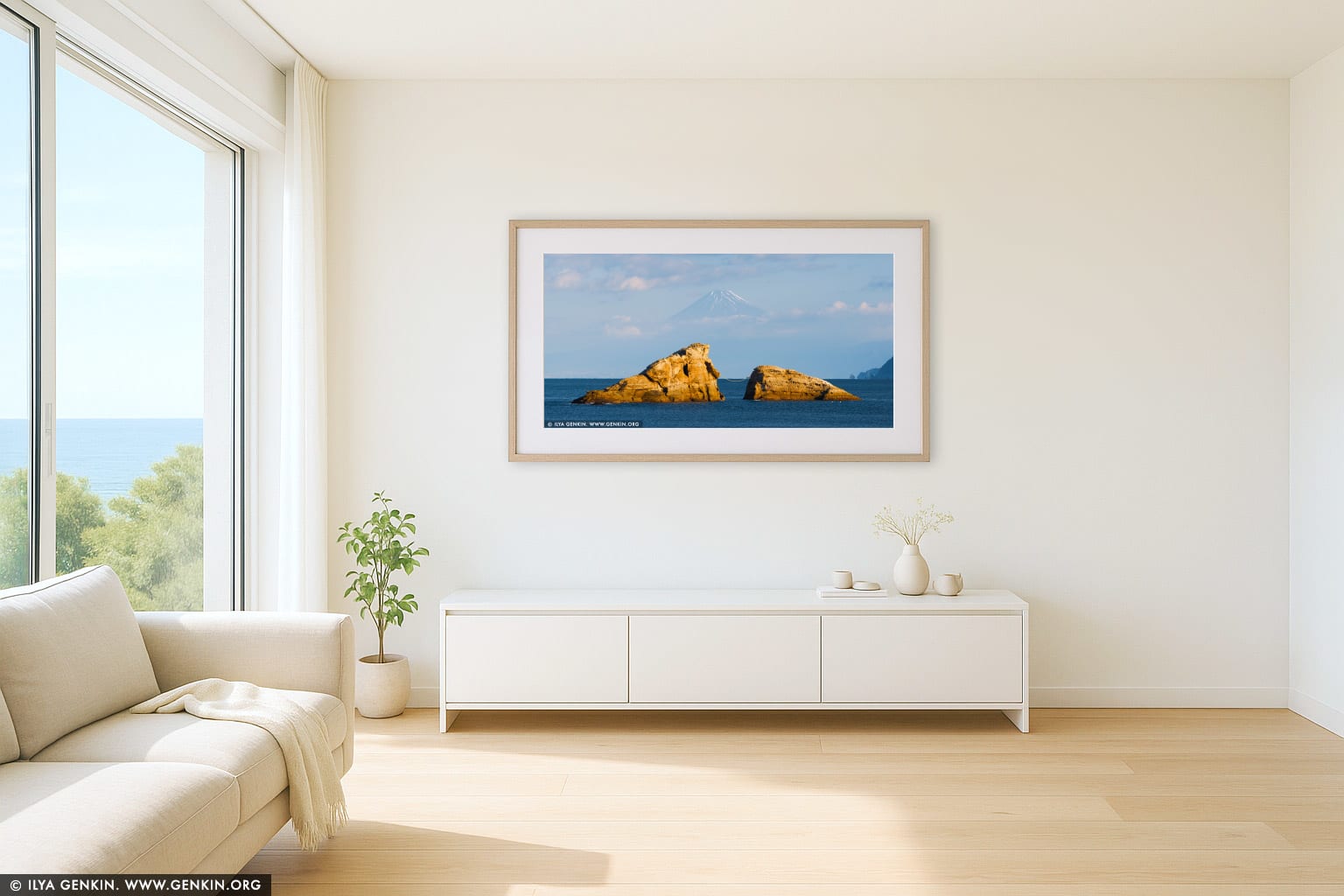 Ushitsukiiwa and Mt. Fuji wall art in a luxury living room interior