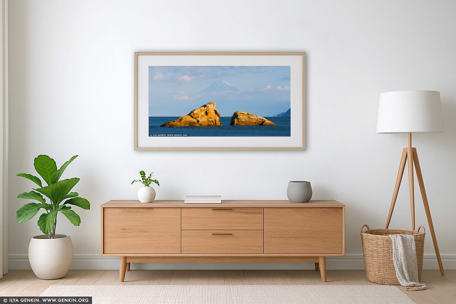 Ushitsukiiwa and Mt. Fuji wall art in a modern living room interior