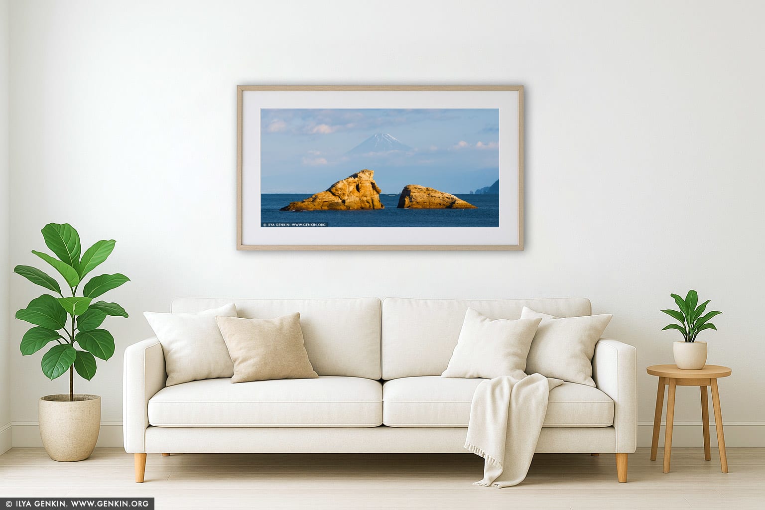 Ushitsukiiwa and Mt. Fuji wall art in a minimalist living room interior