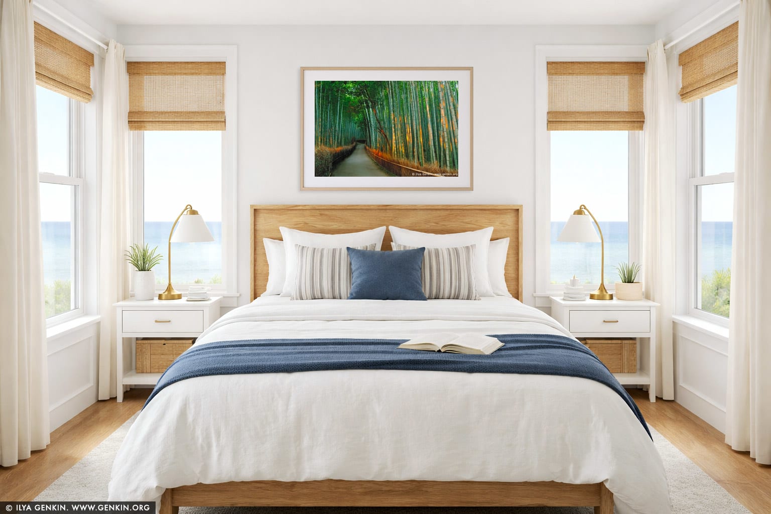 First Light at Arashiyama Bamboo Grove wall art in a bedroom interior