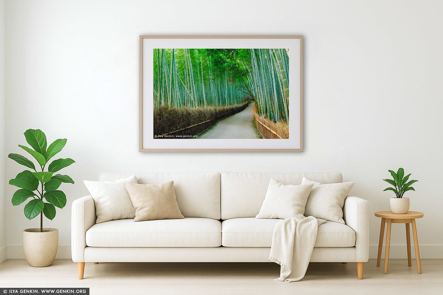 Arashiyama Bamboo Grove wall art in a minimalist living room interior
