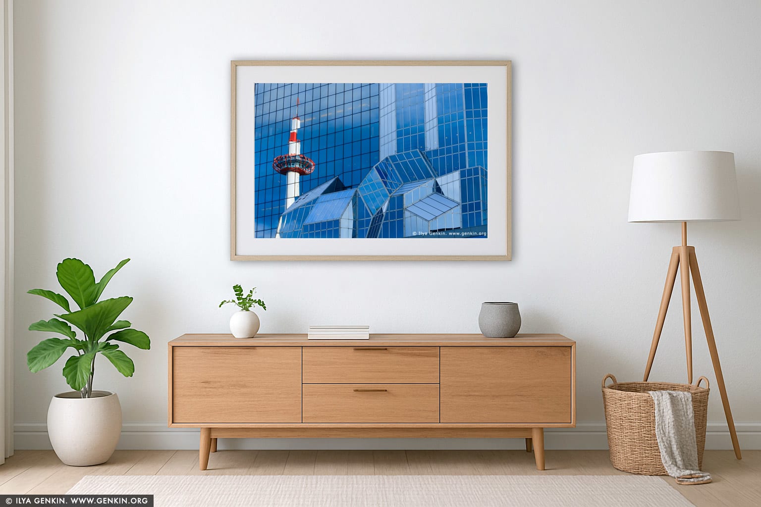 Kyoto Tower Reflections wall art in a minimalist living room interior