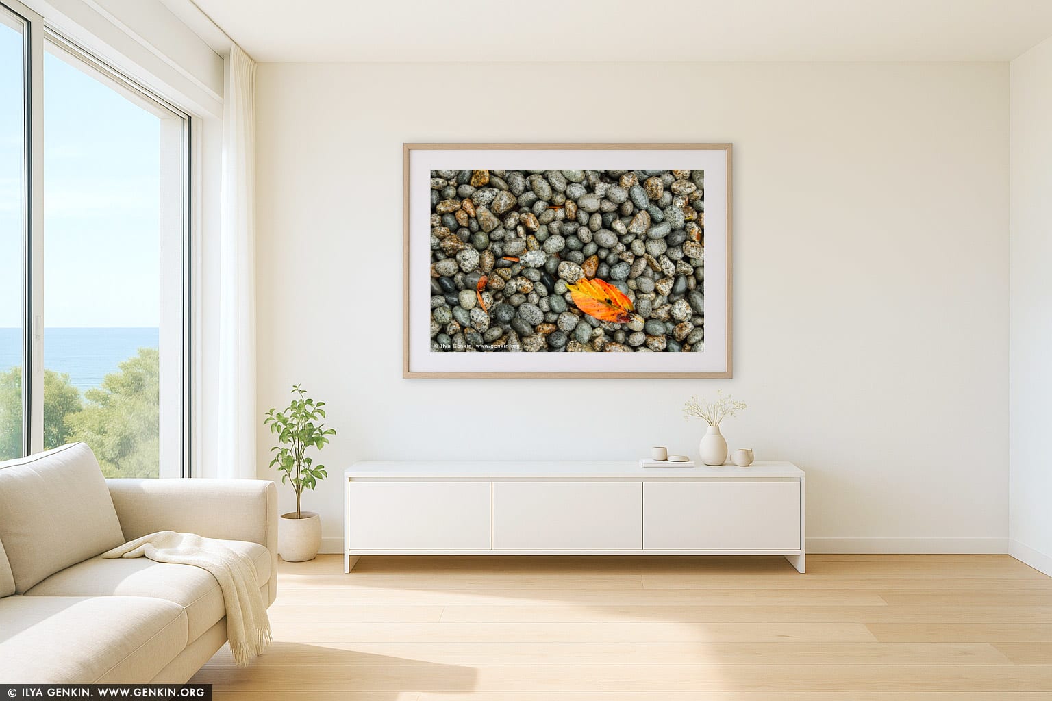 Red-Yellow Autumn Leaf on Wet Pebbles wall art in a luxury living room interior