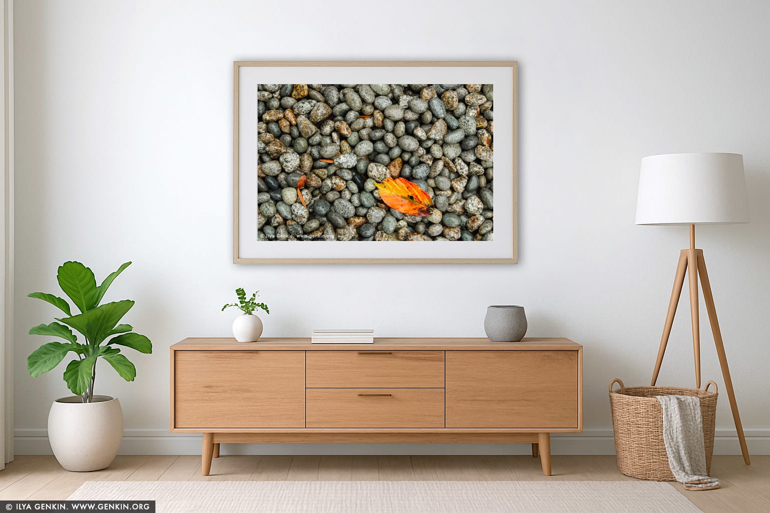 Red-Yellow Autumn Leaf on Wet Pebbles wall art in a modern living room interior