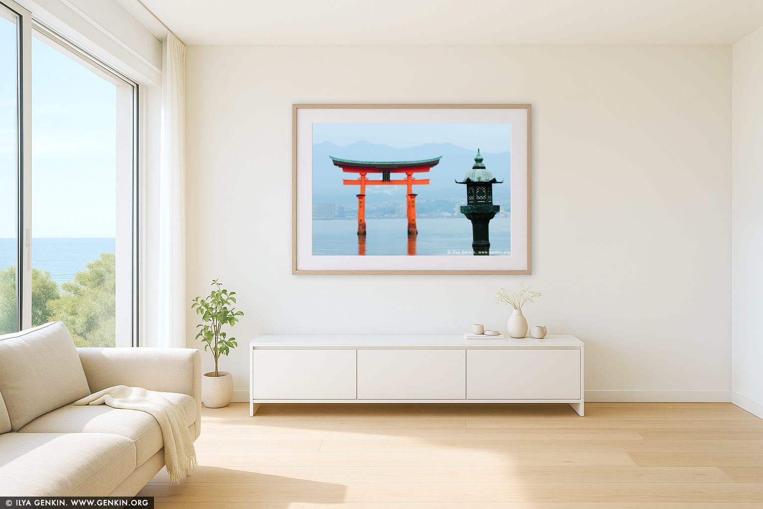 O-Torii (Grand Gate) and Lantern wall art in a minimalist living room interior