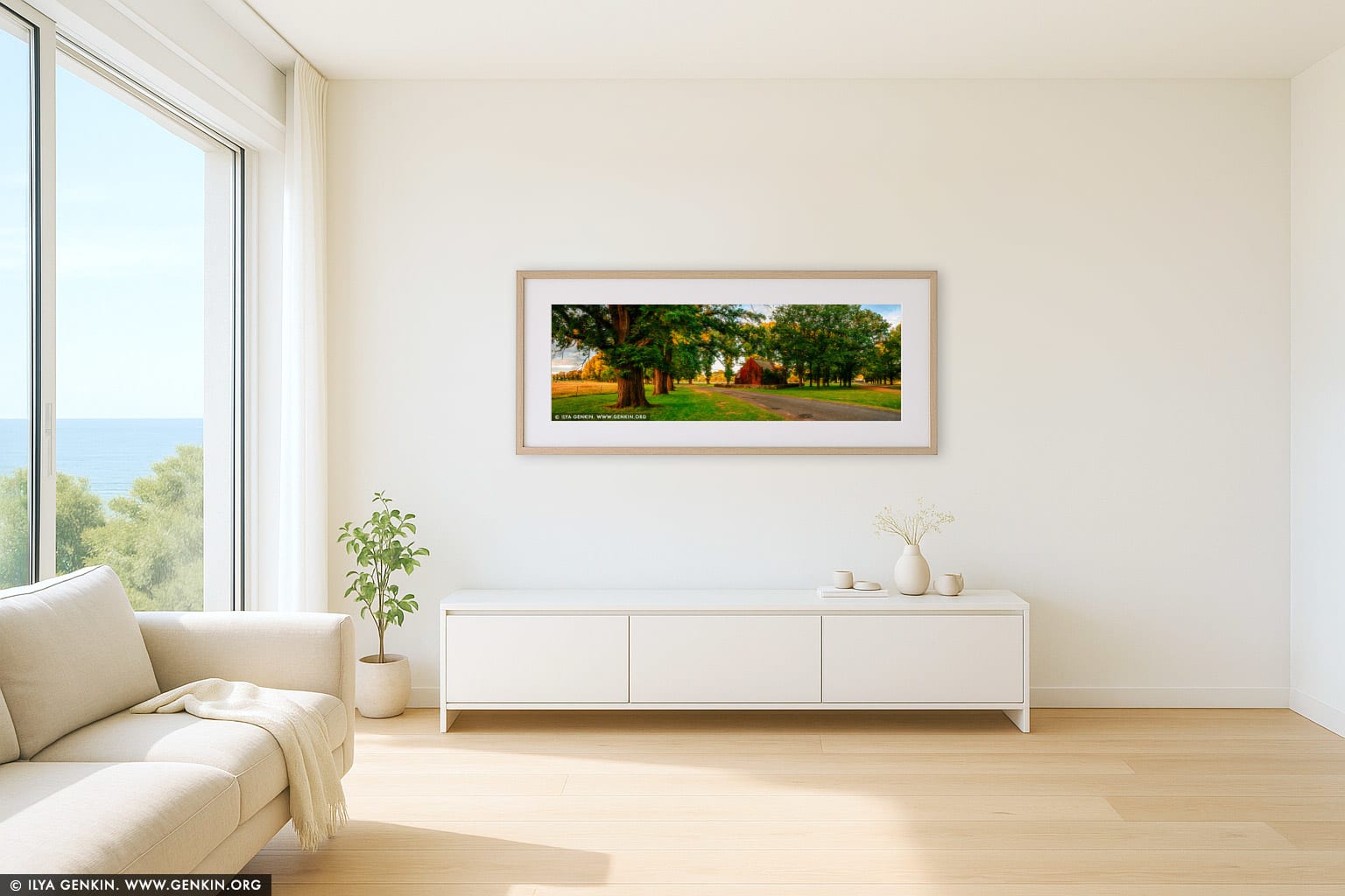 Autumn Colours of Gostwyck Chapel wall art in a contemporary living room interior