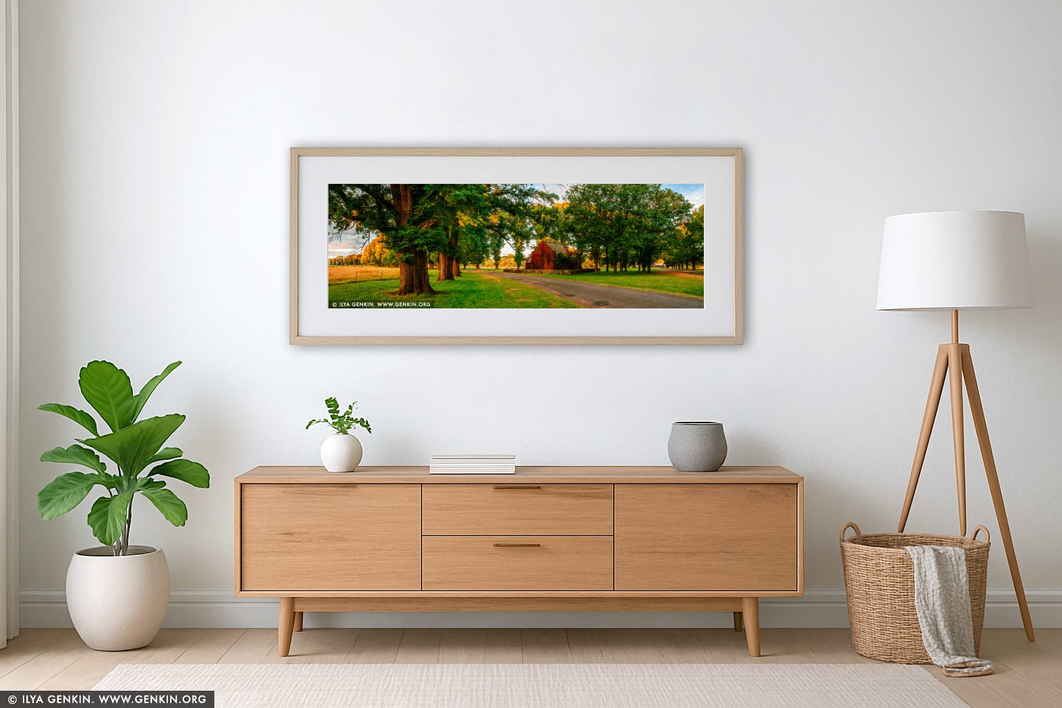 Autumn Colours of Gostwyck Chapel wall art in a minimalist living room interior