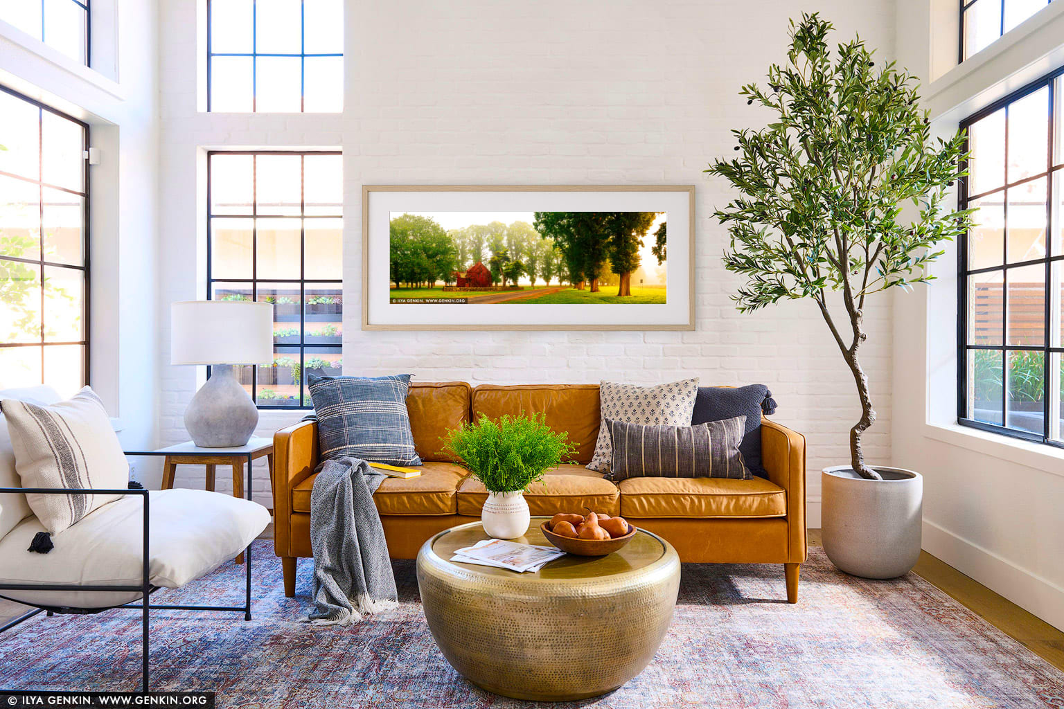 Foggy Autumn Morning at Gostwyck Chapel wall art in a minimalist living room interior