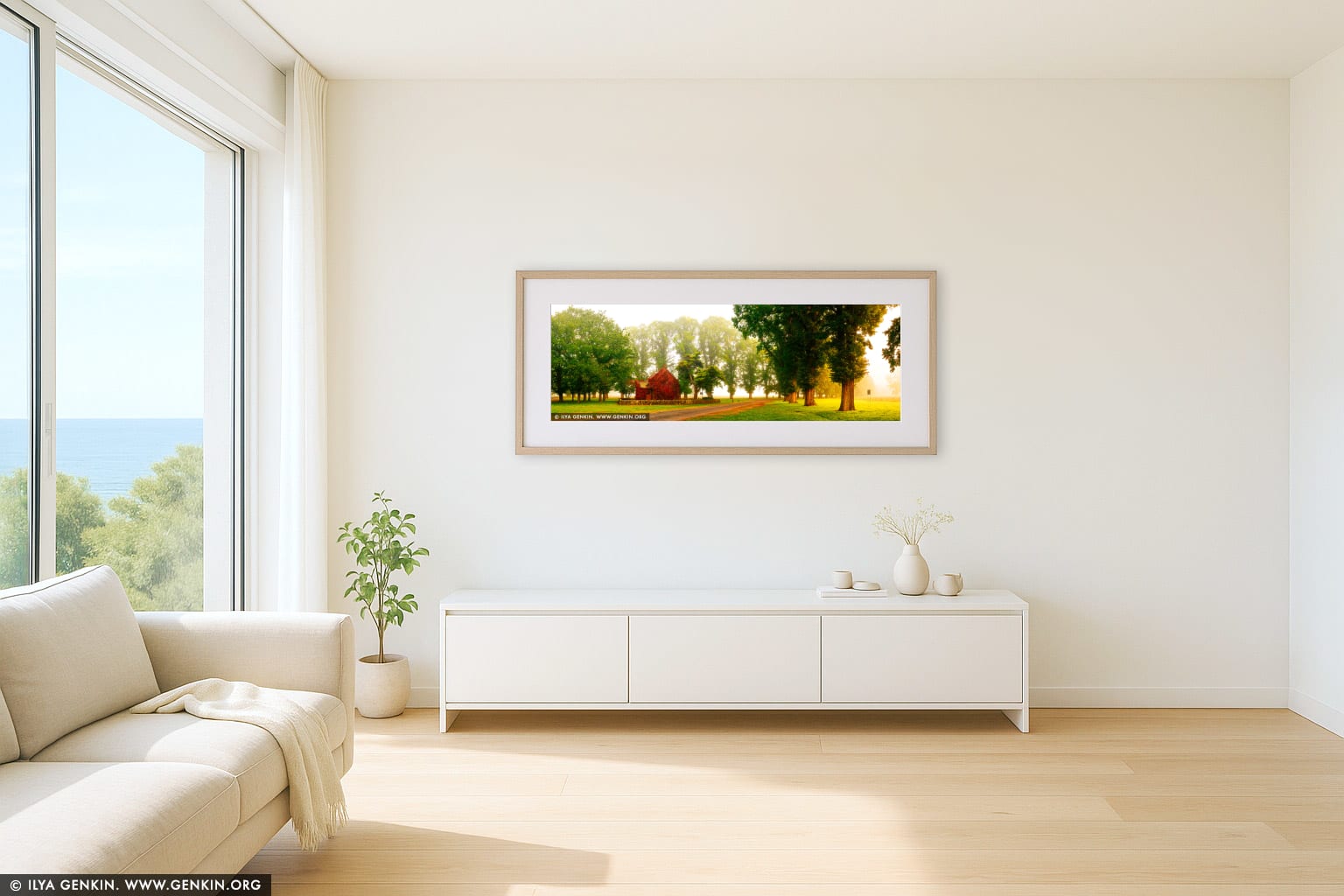 Foggy Autumn Morning at Gostwyck Chapel wall art in a minimalist living room interior