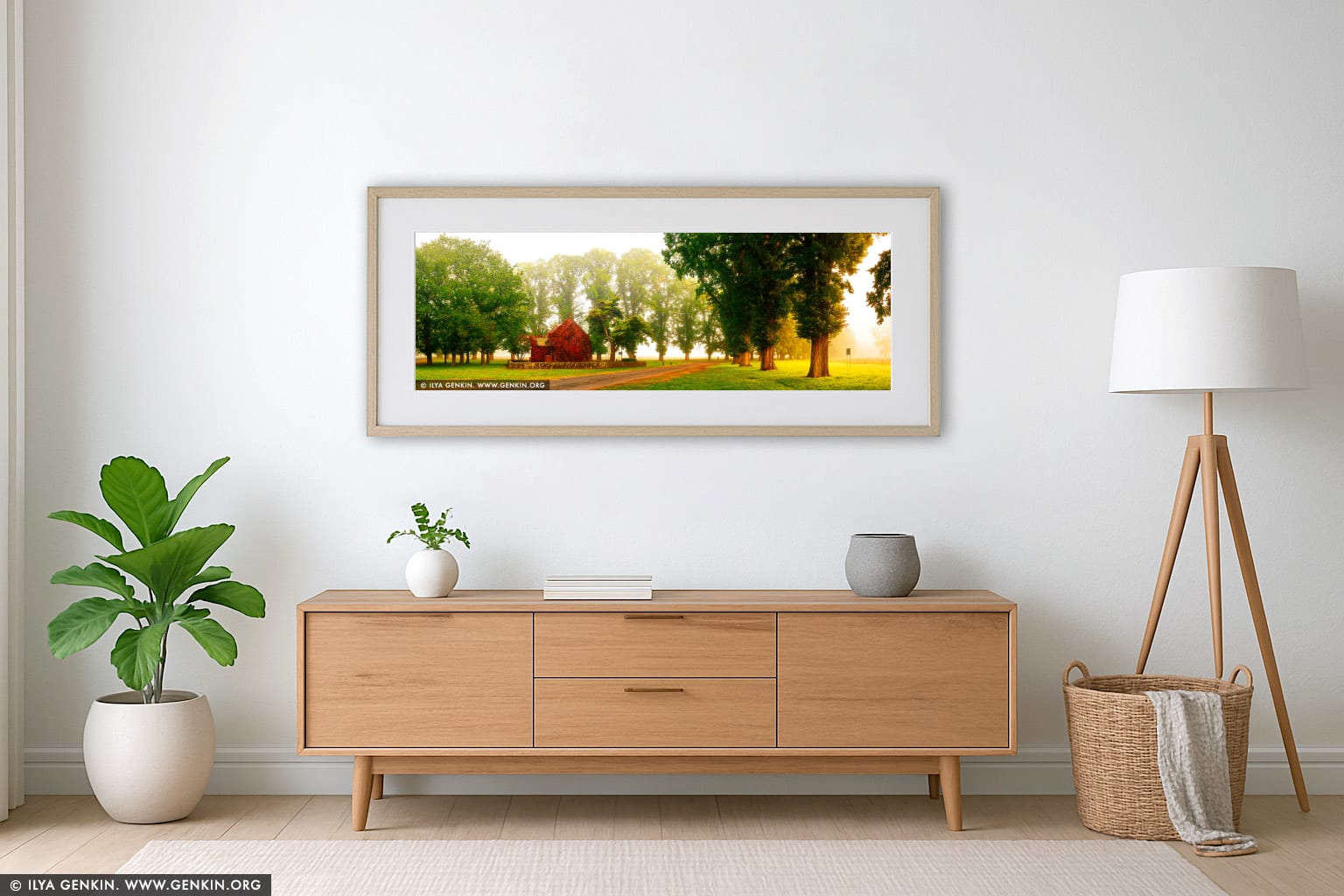 Foggy Autumn Morning at Gostwyck Chapel wall art in a luxury living room interior