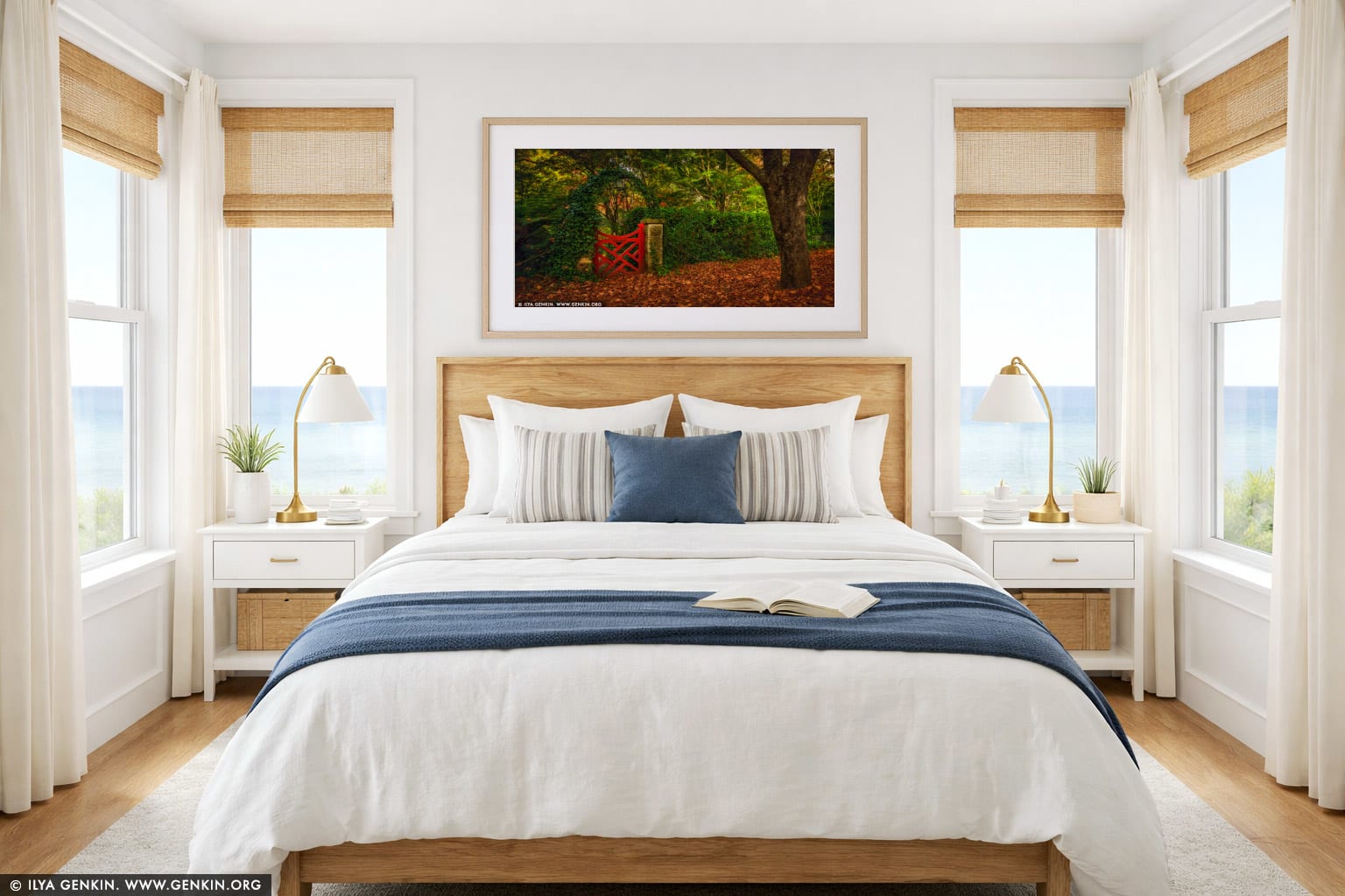 The Little Red Gate At Bebeah Gardens In Autumn wall art in a bedroom interior