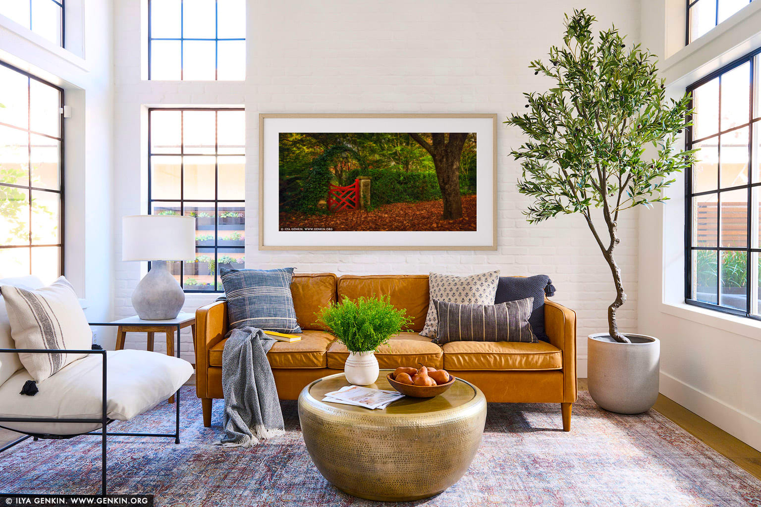 The Little Red Gate At Bebeah Gardens In Autumn wall art in a minimalist living room interior