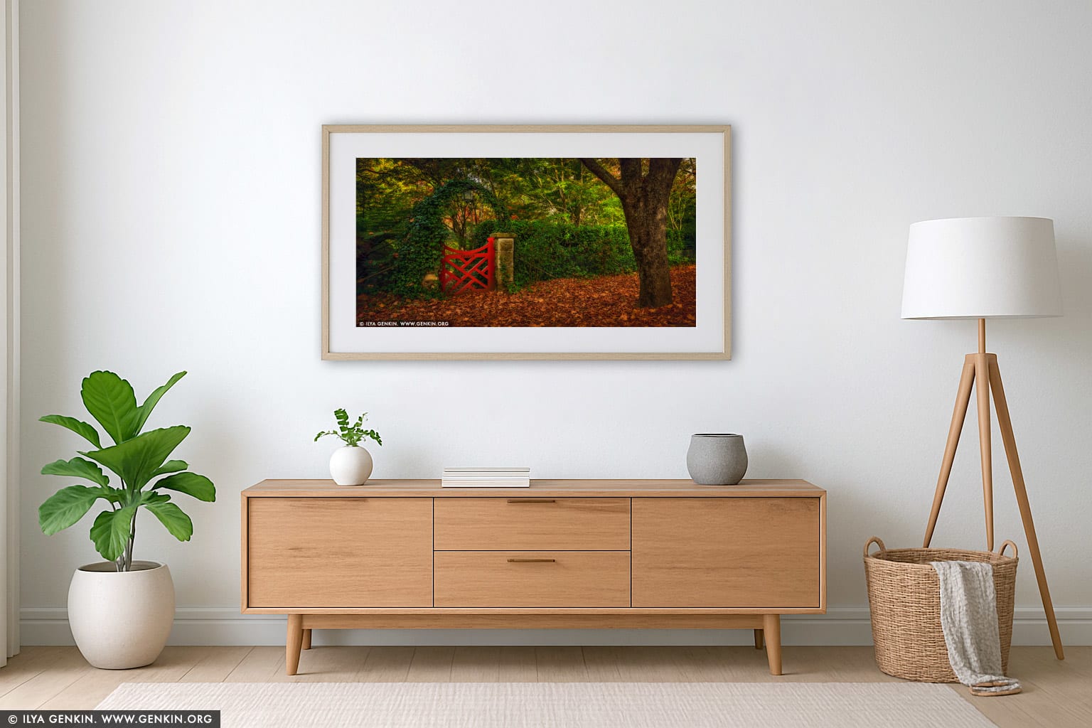 The Little Red Gate At Bebeah Gardens In Autumn wall art in a luxury living room interior