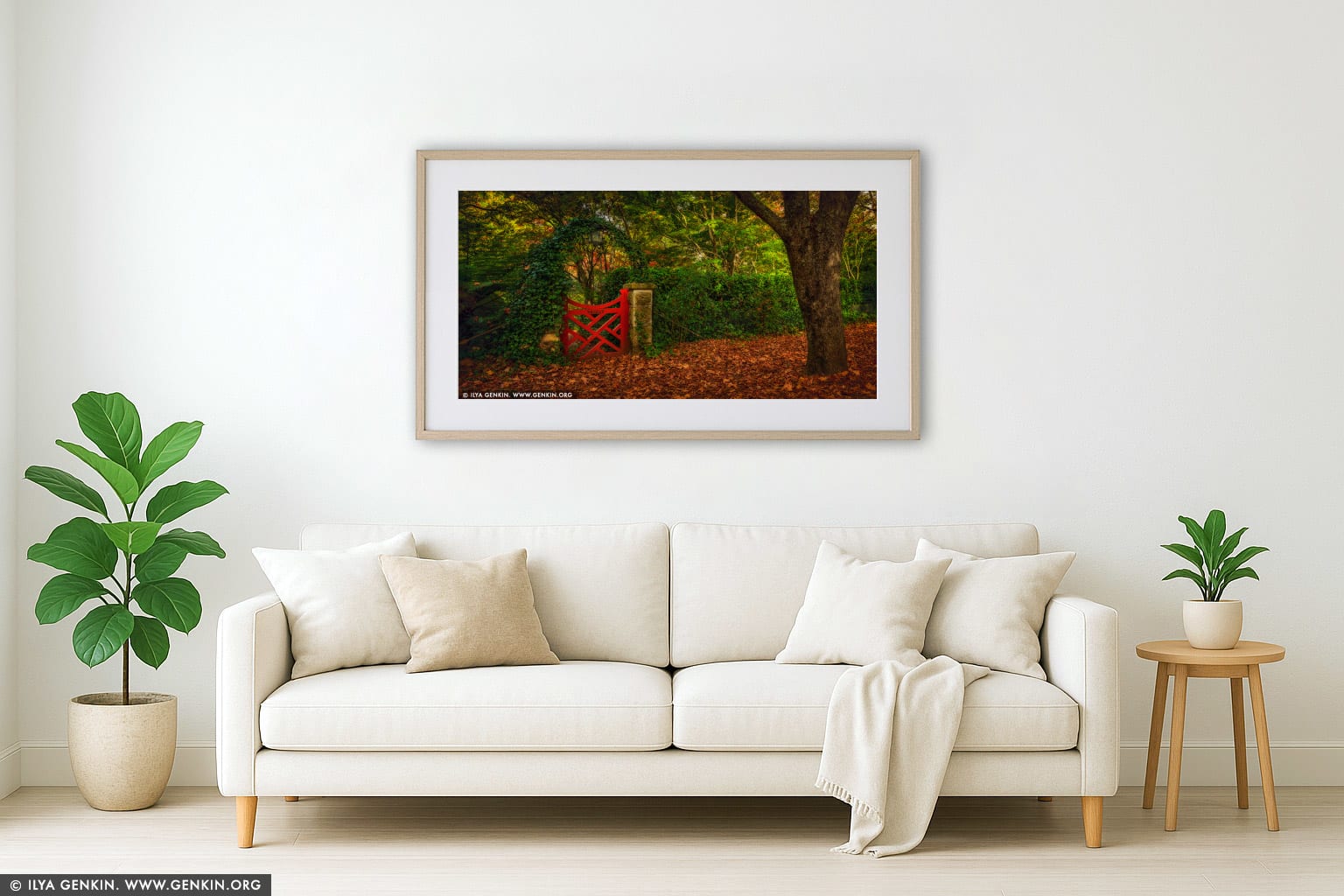 The Little Red Gate At Bebeah Gardens In Autumn wall art in a contemporary living room interior