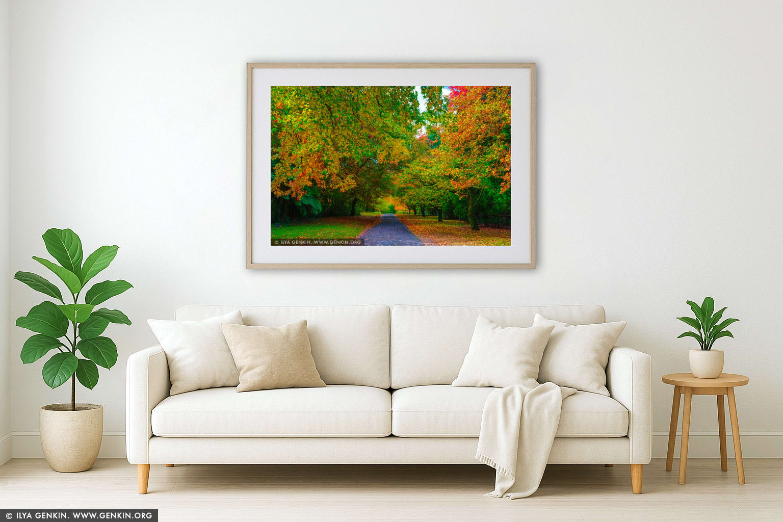 Autumn in Blue Mountains wall art in a minimalist living room interior
