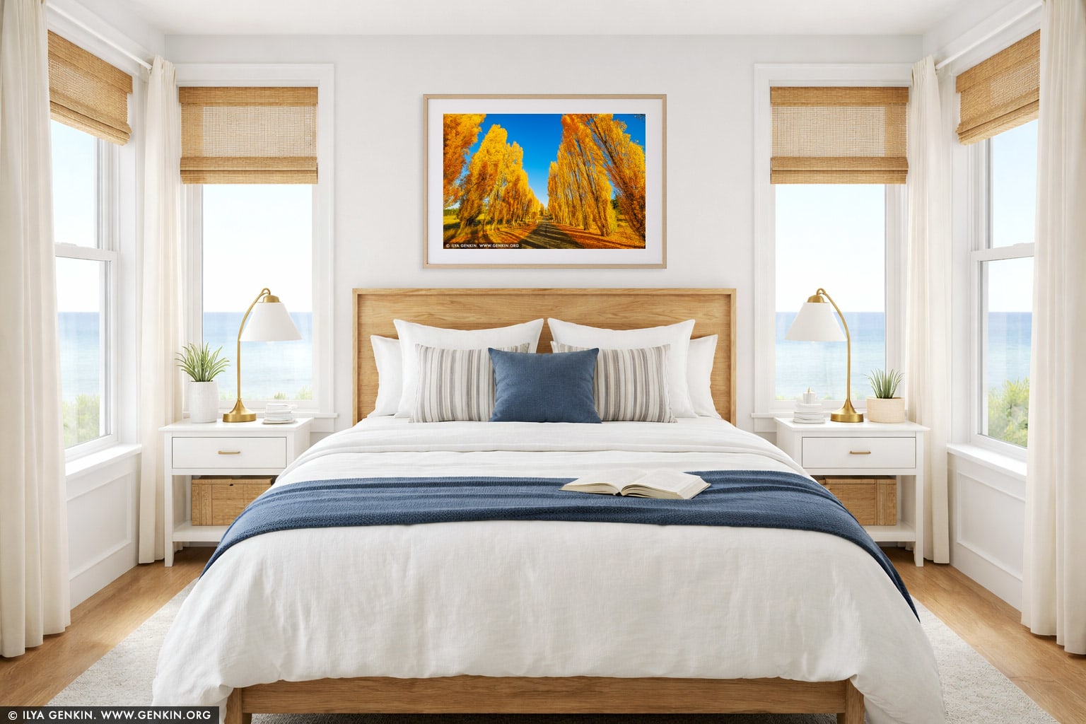 Poplars at Meadow Flat in Autumn wall art in a bedroom interior