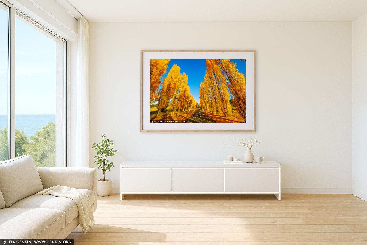 Poplars at Meadow Flat in Autumn wall art in a contemporary living room interior