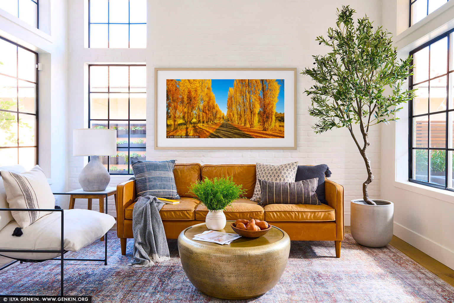 Autumn Poplars at Meadow Flat wall art in a minimalist living room interior