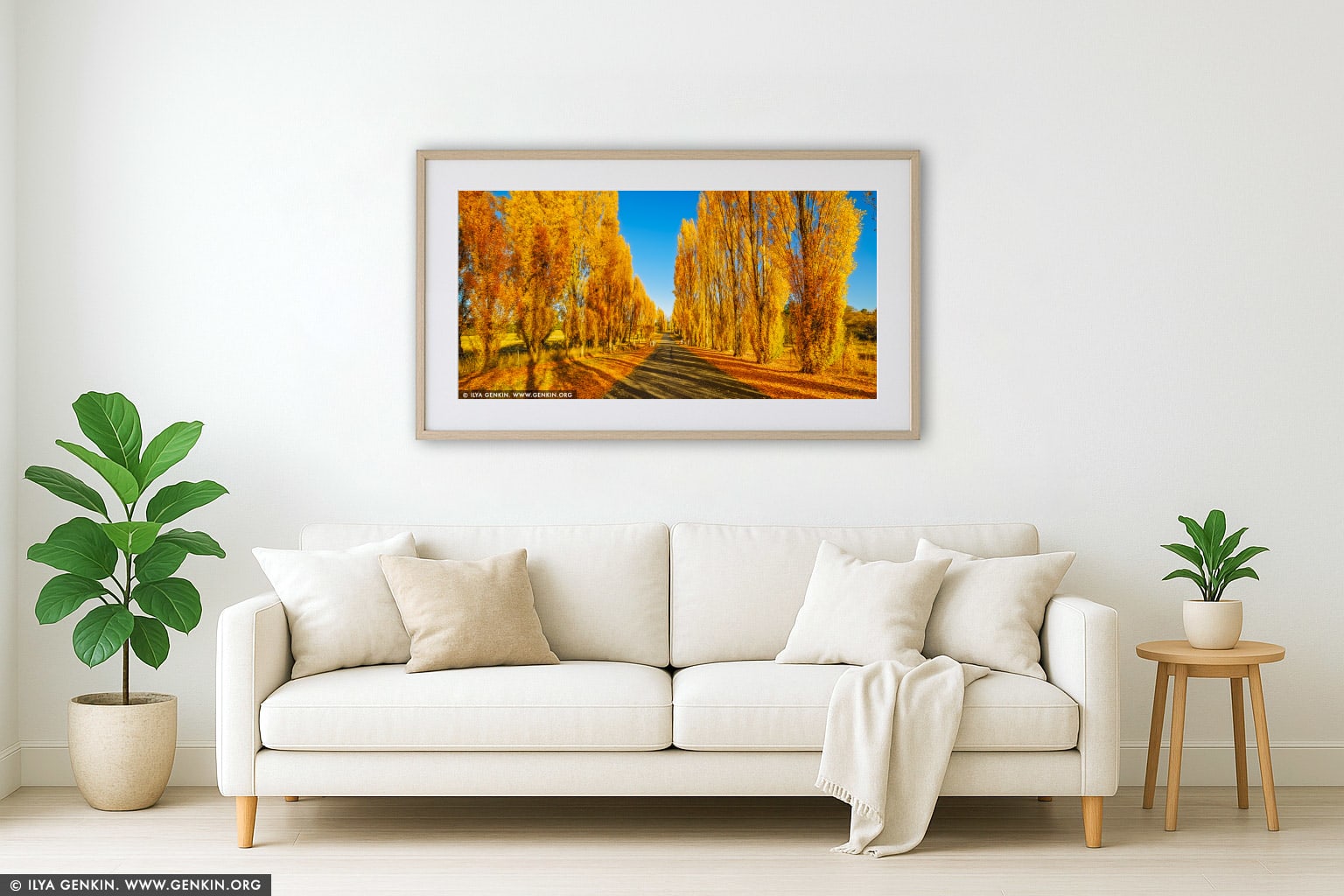 Autumn Poplars at Meadow Flat wall art in a contemporary living room interior