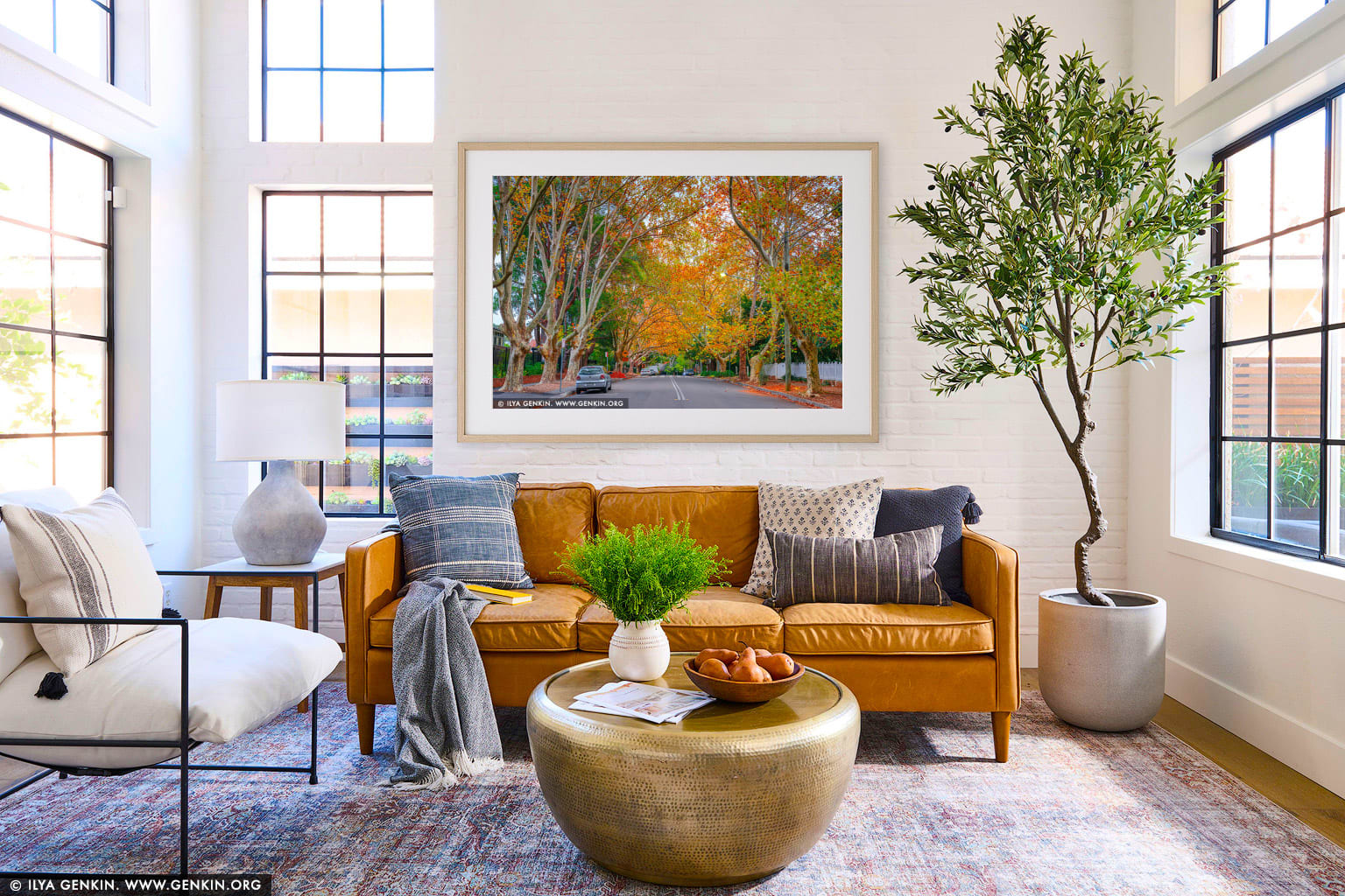 Autumn colours of maple trees on a street in Wahroonga wall art in a contemporary living room interior