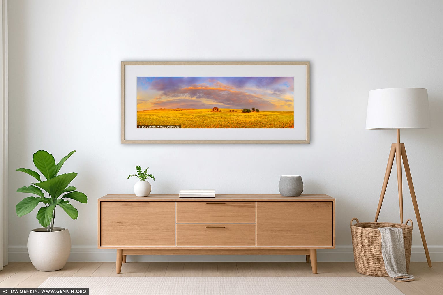 Midnight Oil Cottage at Sunset wall art in a modern living room interior