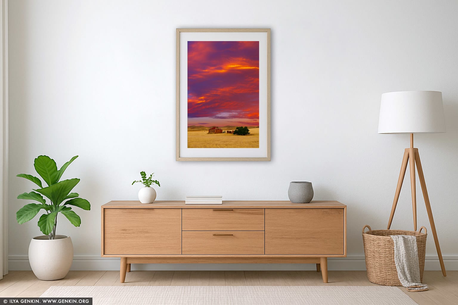 Abandoned Farmhouse at Sunset wall art in a minimalist living room interior