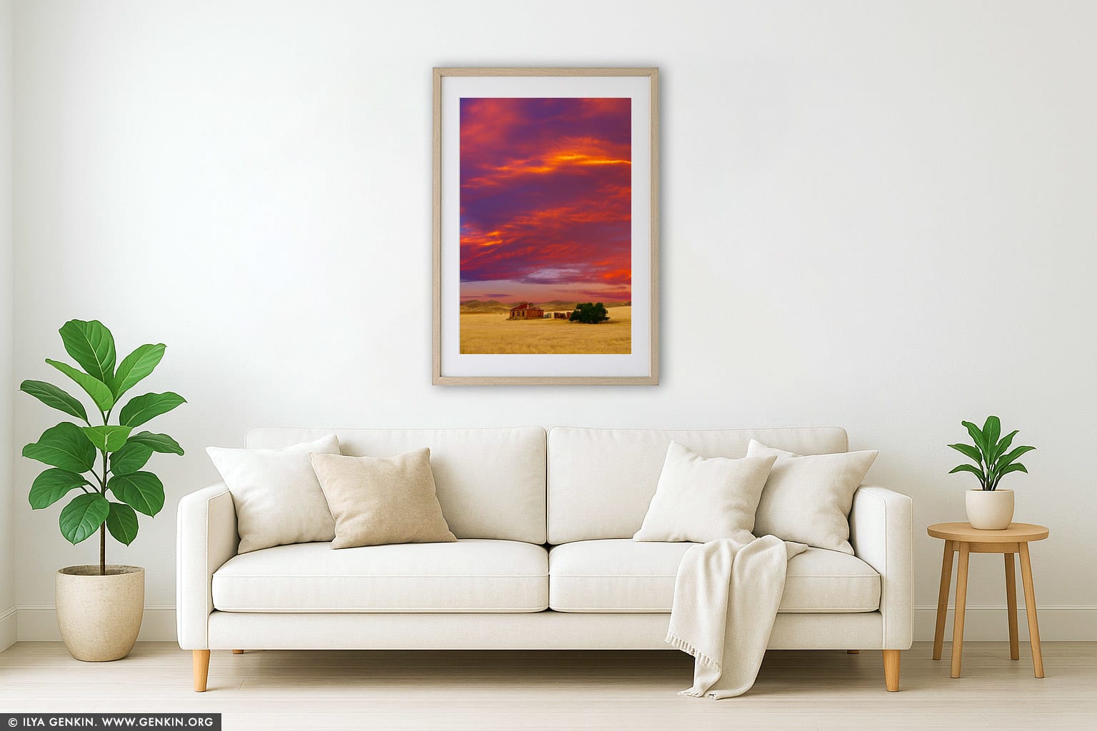 Abandoned Farmhouse at Sunset wall art in a modern living room interior