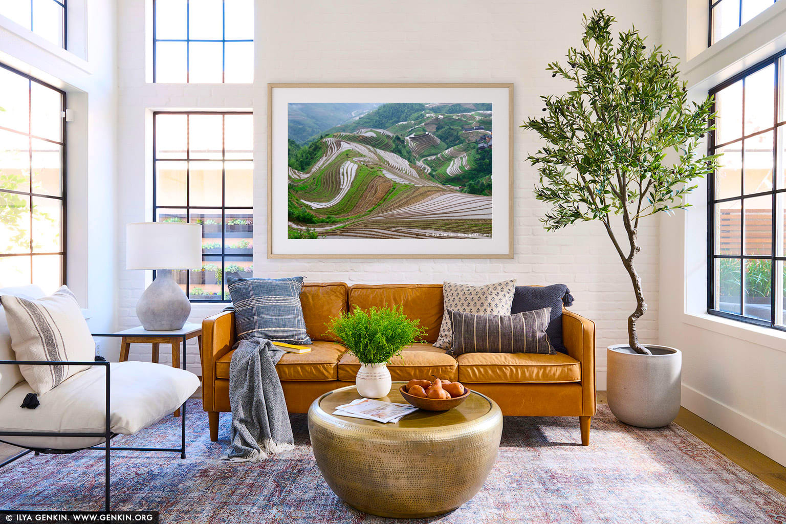 Longji (Dragon's Backbone) Rice Terraces wall art in a modern living room interior