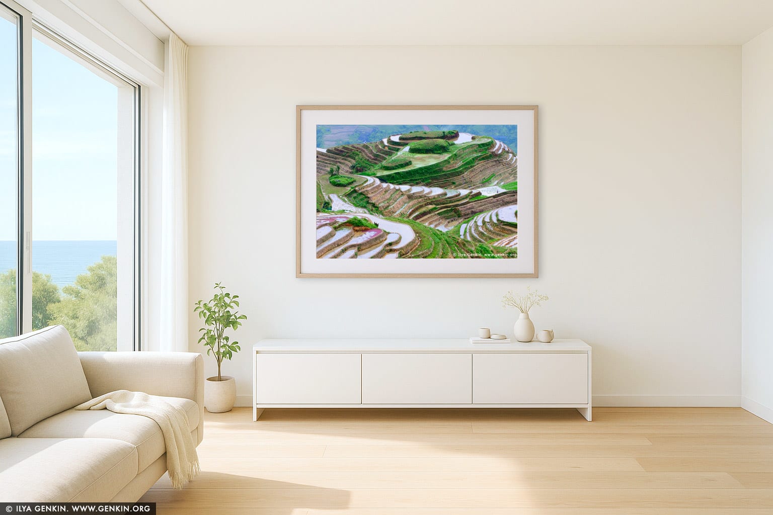 Longji Rice Terraces wall art in a contemporary living room interior