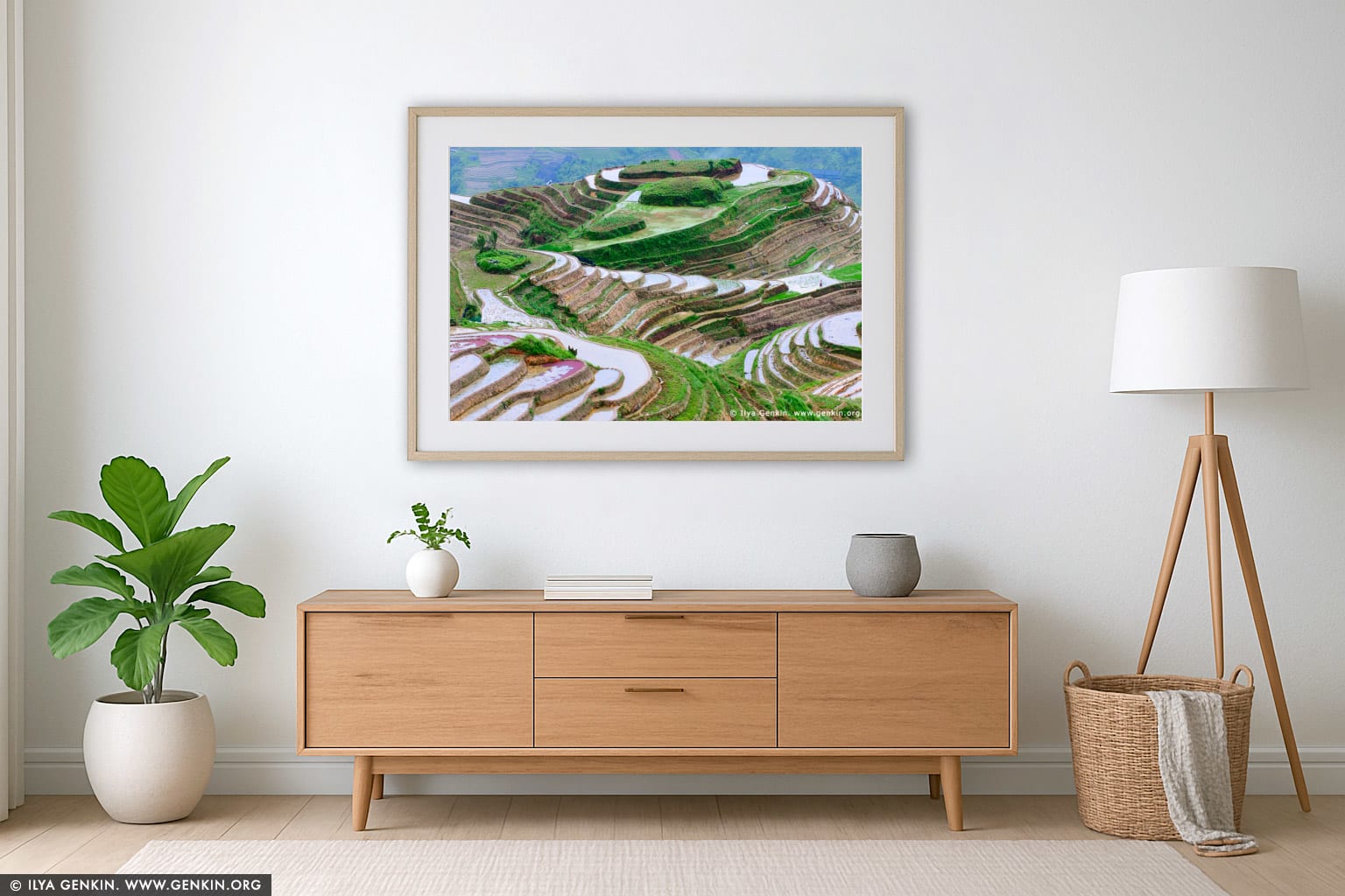 Longji Rice Terraces wall art in a minimalist living room interior